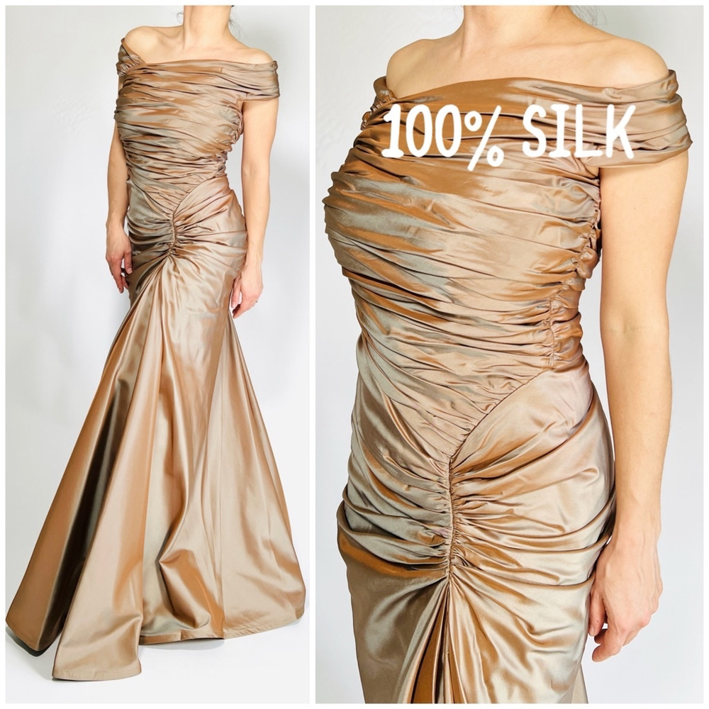 Tadashi Collection Womans Gown Gold Silk Dress Evening Gown Size 6